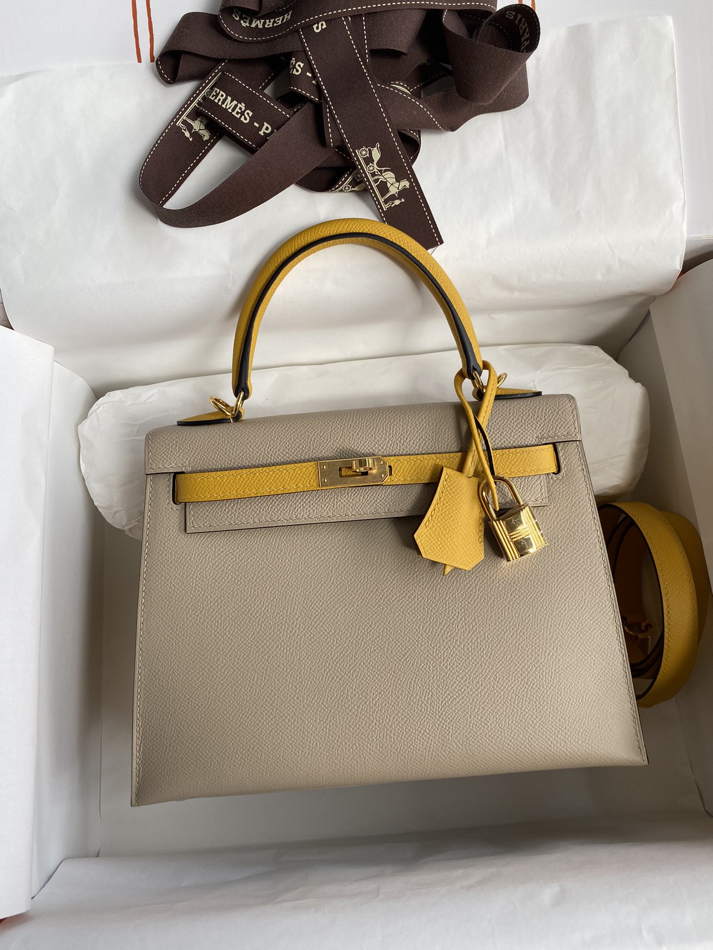 Hermes Kelly 25cm Handbag Shoulder Bag in Trench Yellow Amber Epsom Leather